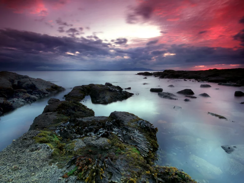 камни, закат, море