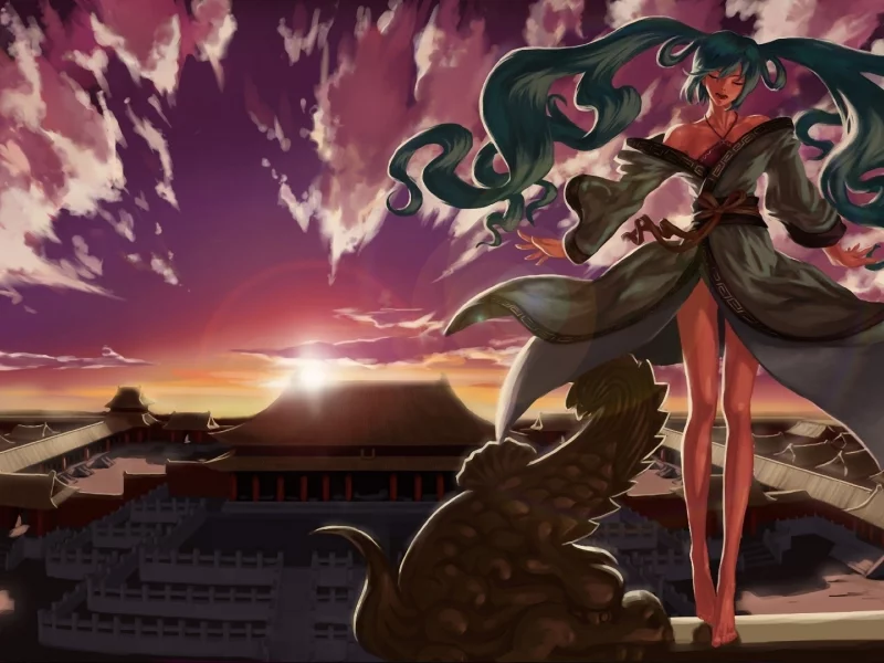 закат, девушка, крыша, облака, азия, кимоно, hatsune miku, vocaloid