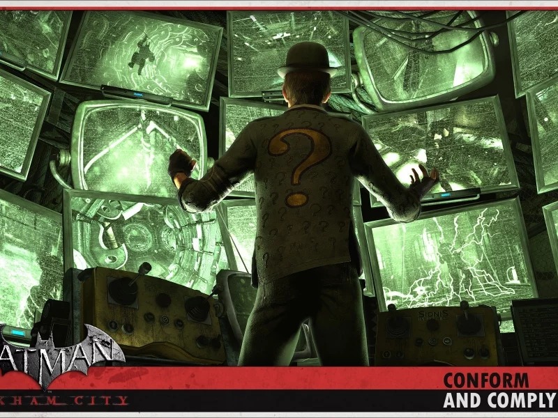 riddler, панель, мониторы, arkham city, batman