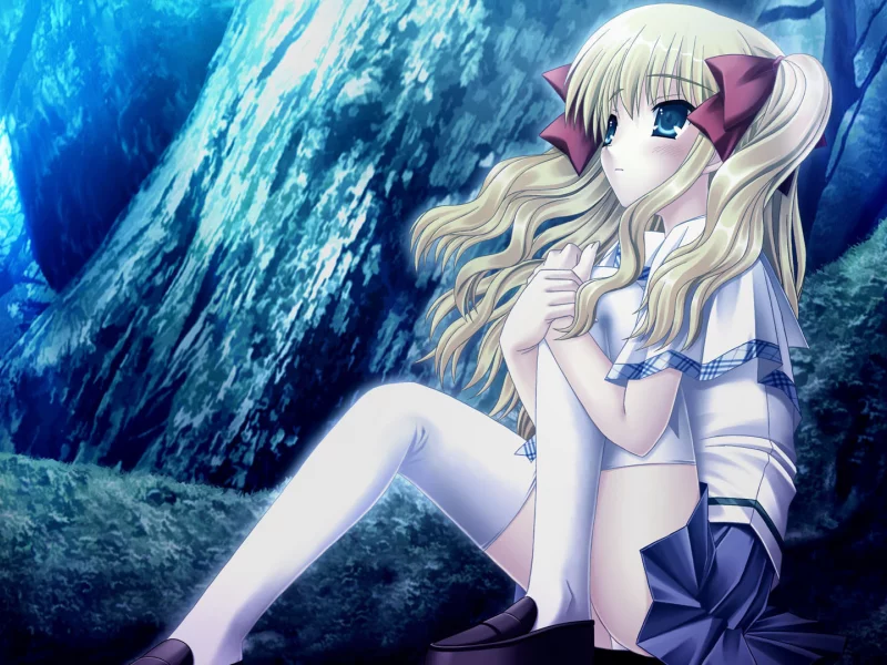 банты, хвостики, задумалась,, лес, девочка, сидит, sin kuro to kiiro no shoujo
