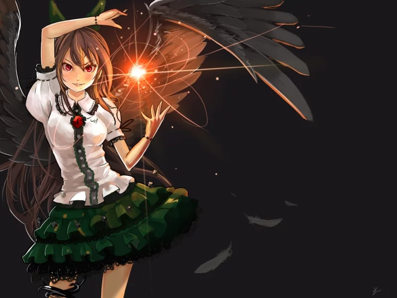 reiuji utsuho, магия, бант, prototype-d, перья, touhou, крылья, девушка, арт, красные глаза