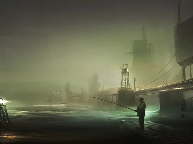 harbor, fisherman, рыбак, арт, ночь, пирс, by yobarte