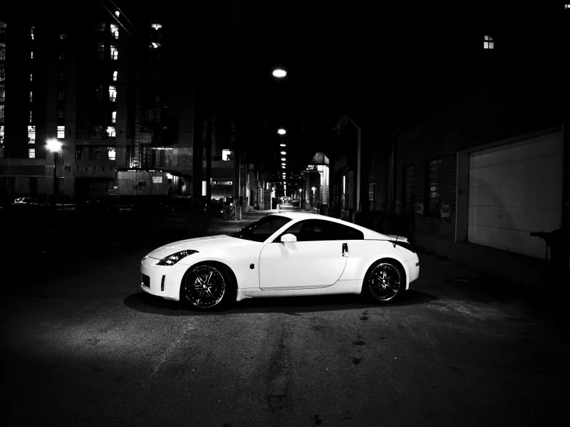 город, фото, auto, ночь, city, огни, nissan 350z, чб, улица, cars