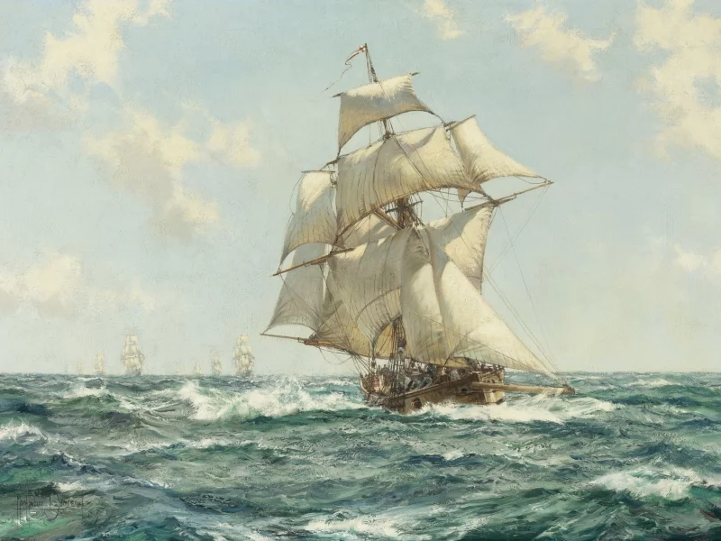 море, montague dawson, парусник, волны