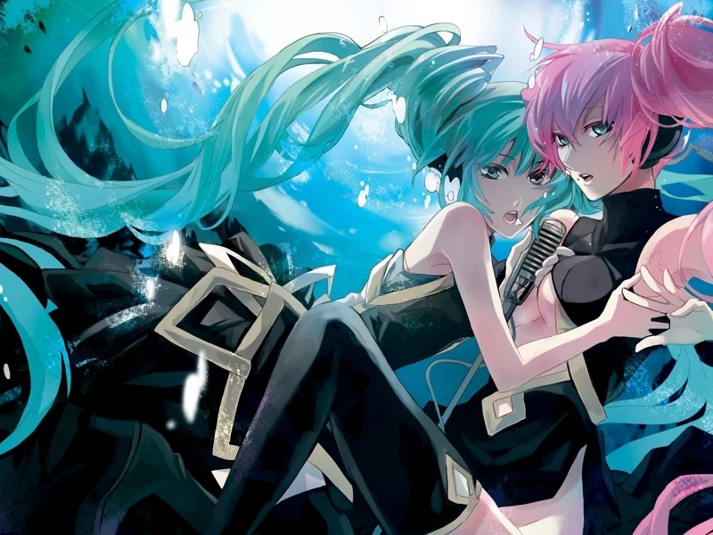 девушки, hatsune miku, микрофон, vocaloid, megurine luka, абстракция
