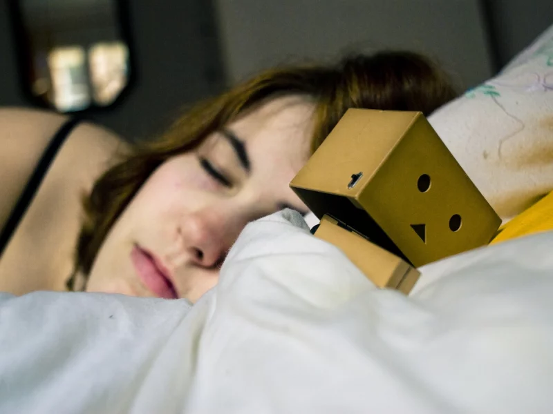 сон, коробка, девушка, кровать, подушка, одеяло, danbo
