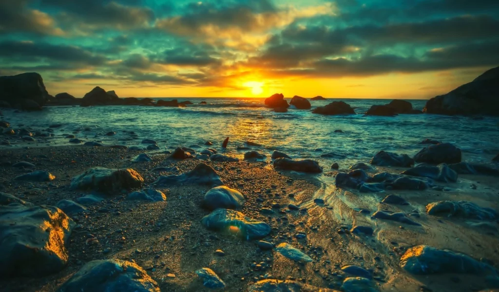 берег, закат, море, камни