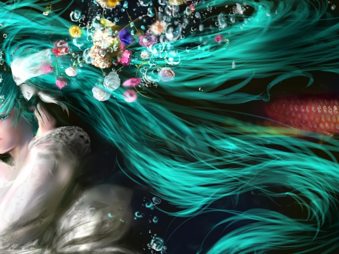 рыба, цветы, под водой, волосы, hatsune miku, пузыри, vocaloid