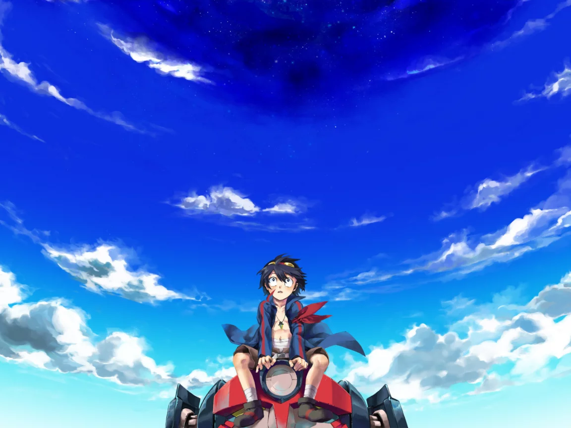 симон, ветер, бурильщик, робот, аниме, облака, парень, tengen toppa gurren lagann, anime, поверхность, небо