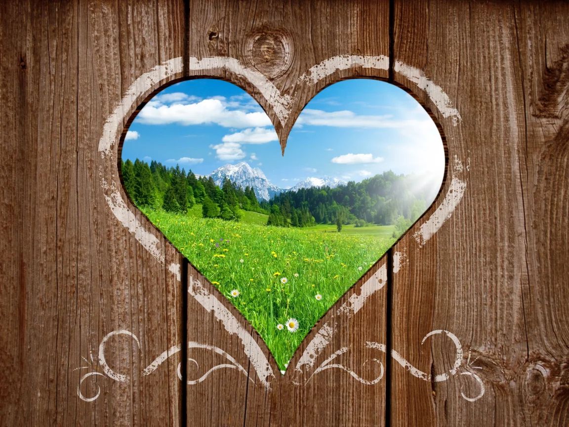 красивый, поляна, heart view, сердце, зелёная, деревянный, солнечный, горы, тёплый, пейзаж, landscape, забор, вид