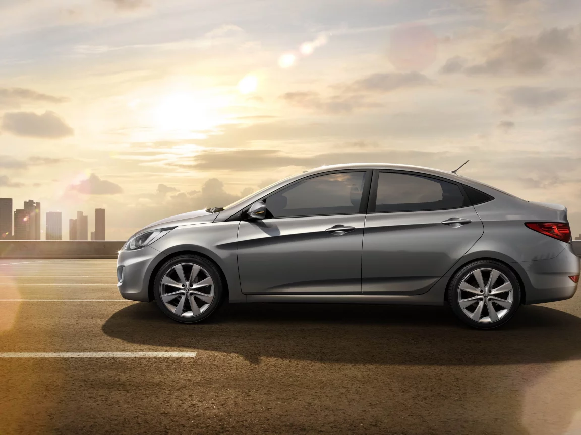 солнце, solaris, здания, дорога, hyundai