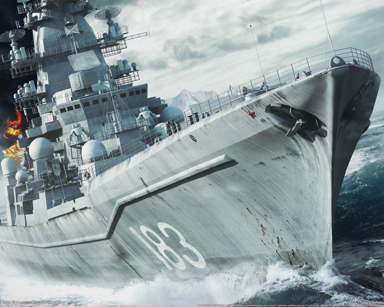 Картинка на рабочий стол небо, game wallpapers, морские войны, корабль,  волны, море, naval war arctic circle, пожар, арктика, облака 1280 x 1024