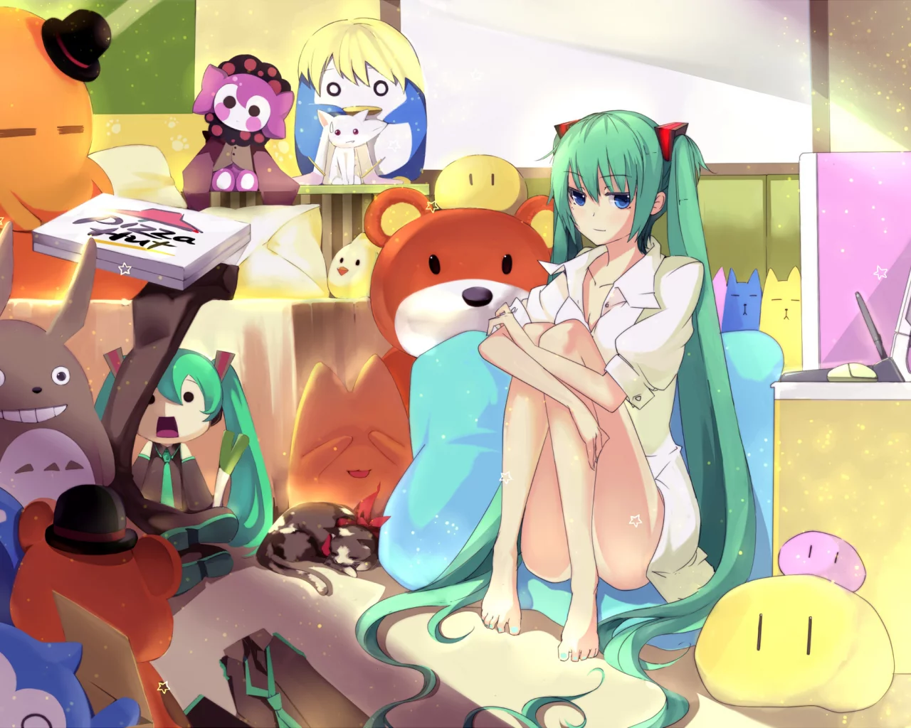 vocaloid, пицца, hatsune miku, компьютер, девушка, игрушки, комната