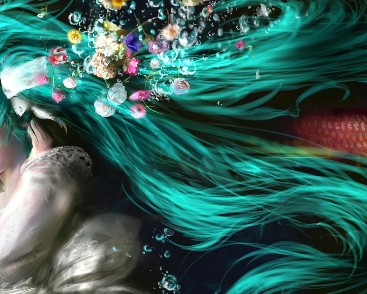рыба, цветы, под водой, волосы, hatsune miku, пузыри, vocaloid