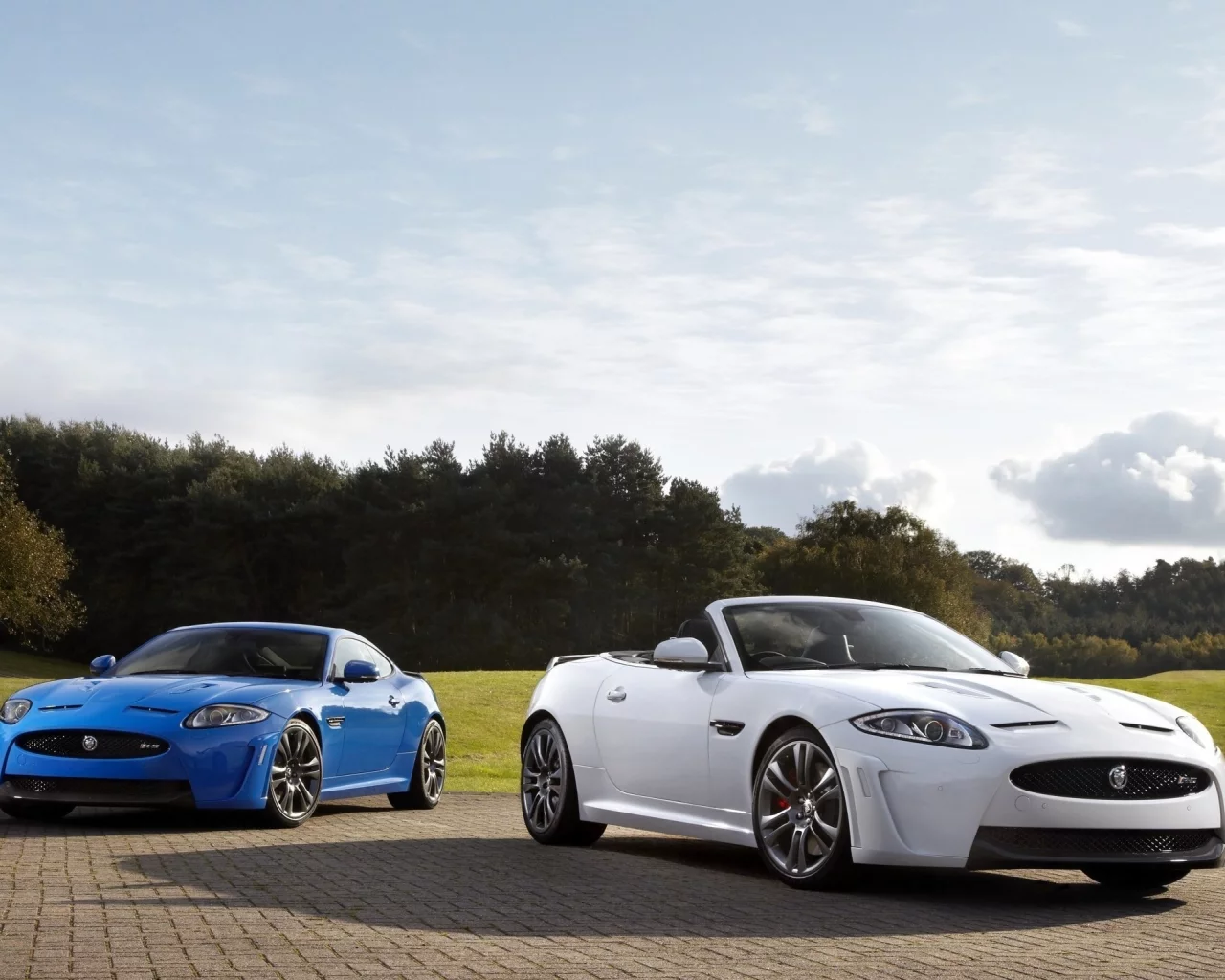 jaguar, синий, небо, купе, деревья, кабриолет, белый, coupe, суперкар, икскр-с, ягуар, xkr-s, convertible