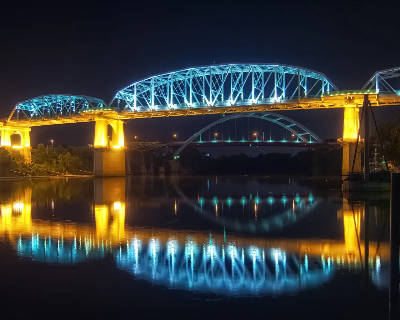 отражение, огни, вода, мост, река