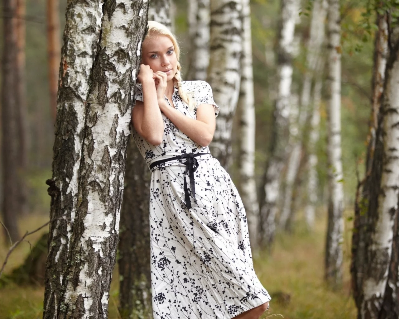 лес, березы, девушка