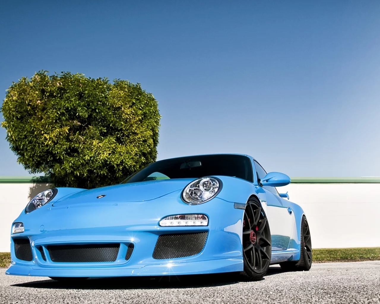 дерево, голубой, забор, передок, суперкар, tuning, 911, порше, porsche, тюнинг, небо
