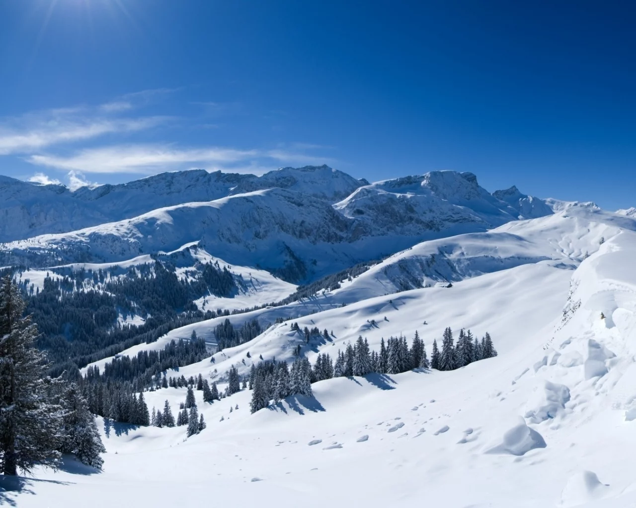 снег, горы, деревья, лучи солнца