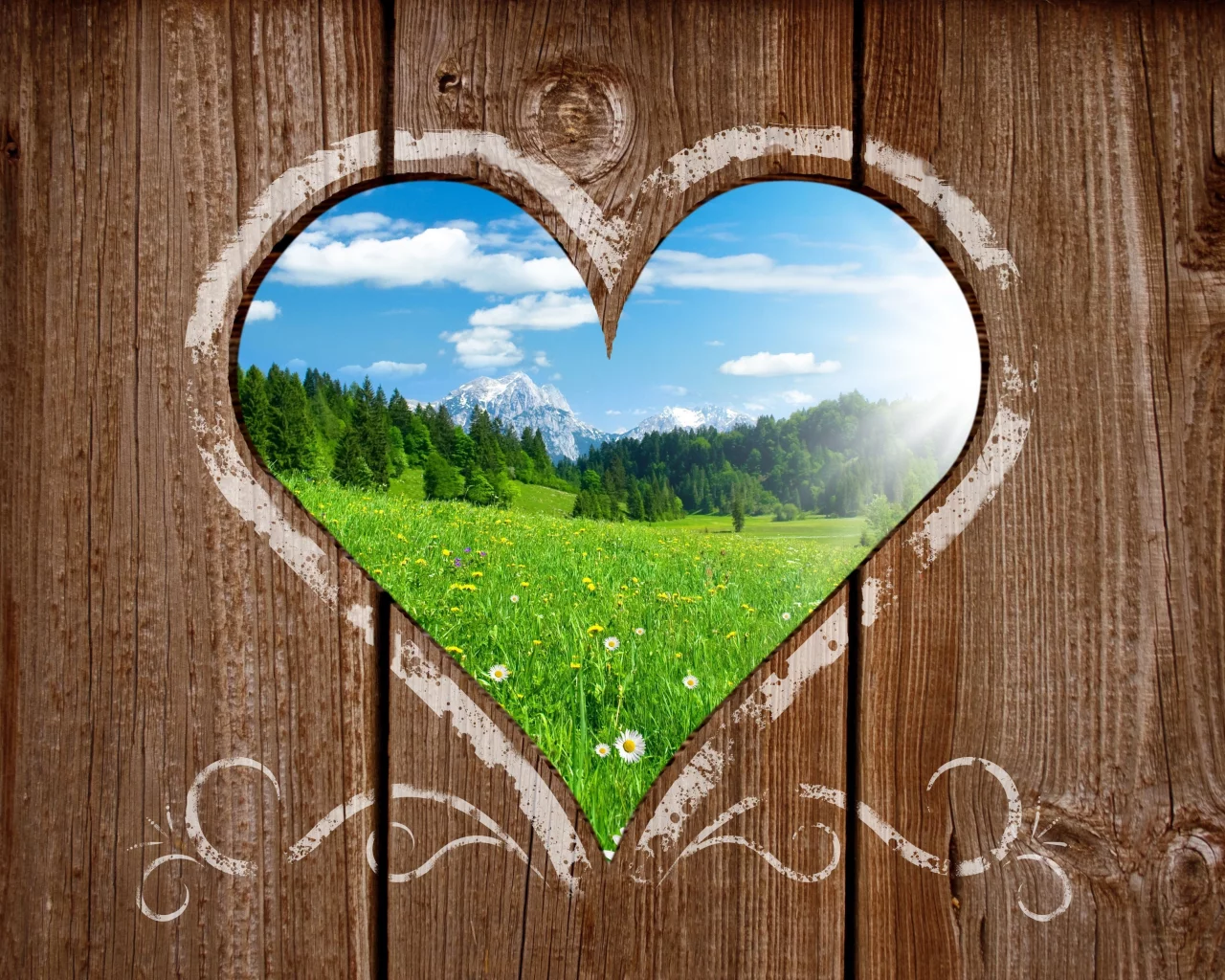 красивый, поляна, heart view, сердце, зелёная, деревянный, солнечный, горы, тёплый, пейзаж, landscape, забор, вид