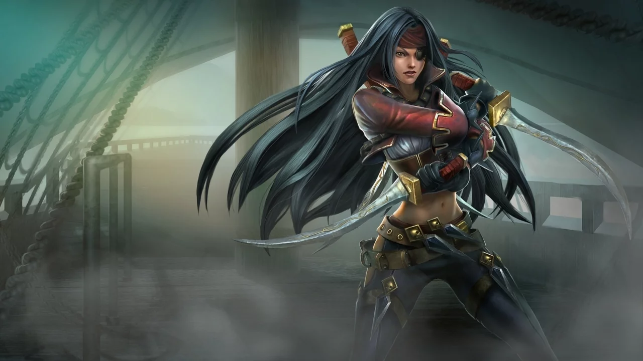 туман, кинжалы, пиратка, корабль, ножи, повязка, league of legends, девушка