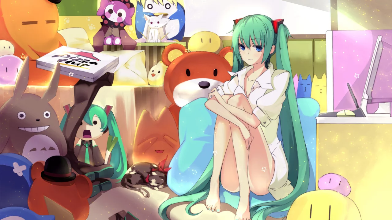 vocaloid, пицца, hatsune miku, компьютер, девушка, игрушки, комната