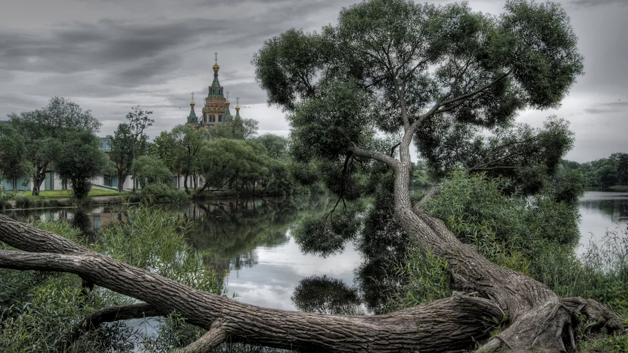 тучи, озеро, дерево, облака, природа, собор