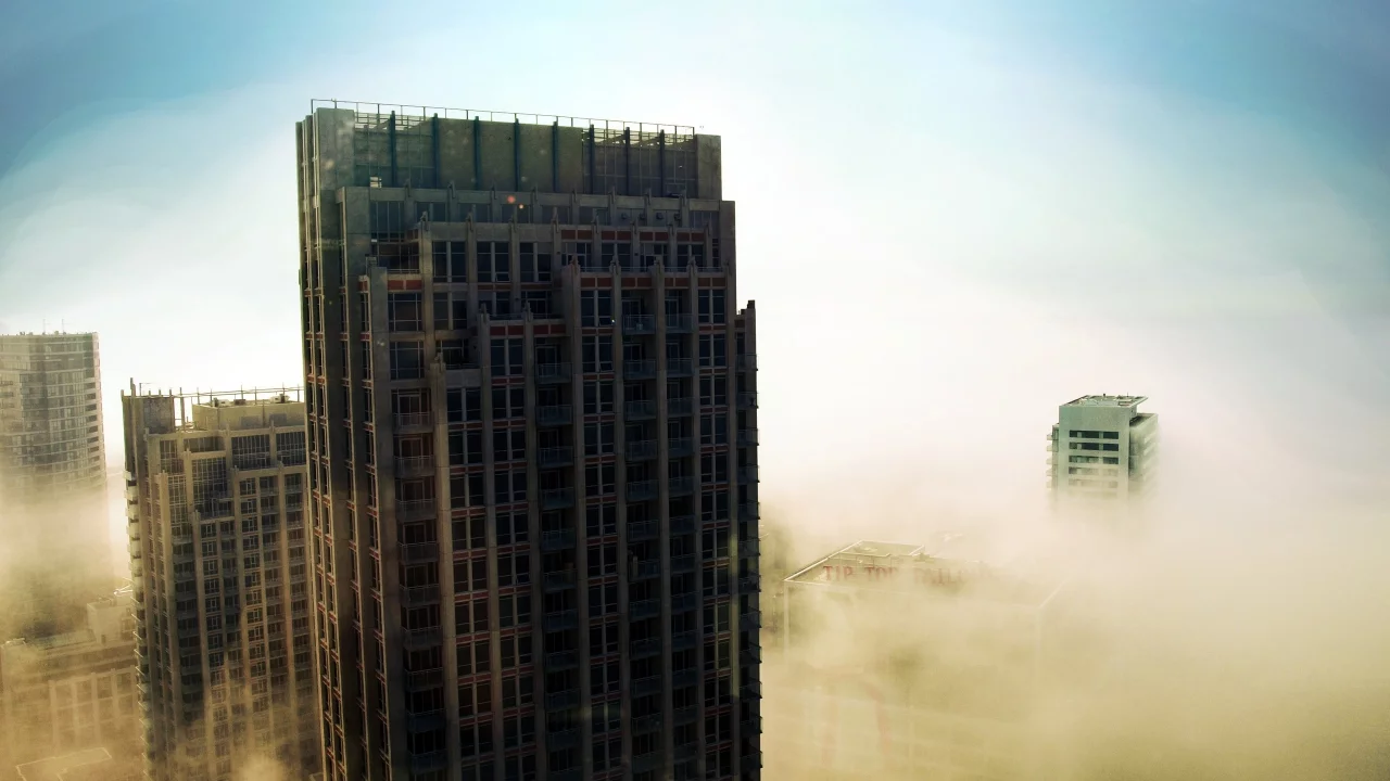 небо, туман, небоскрёбы, mist vs