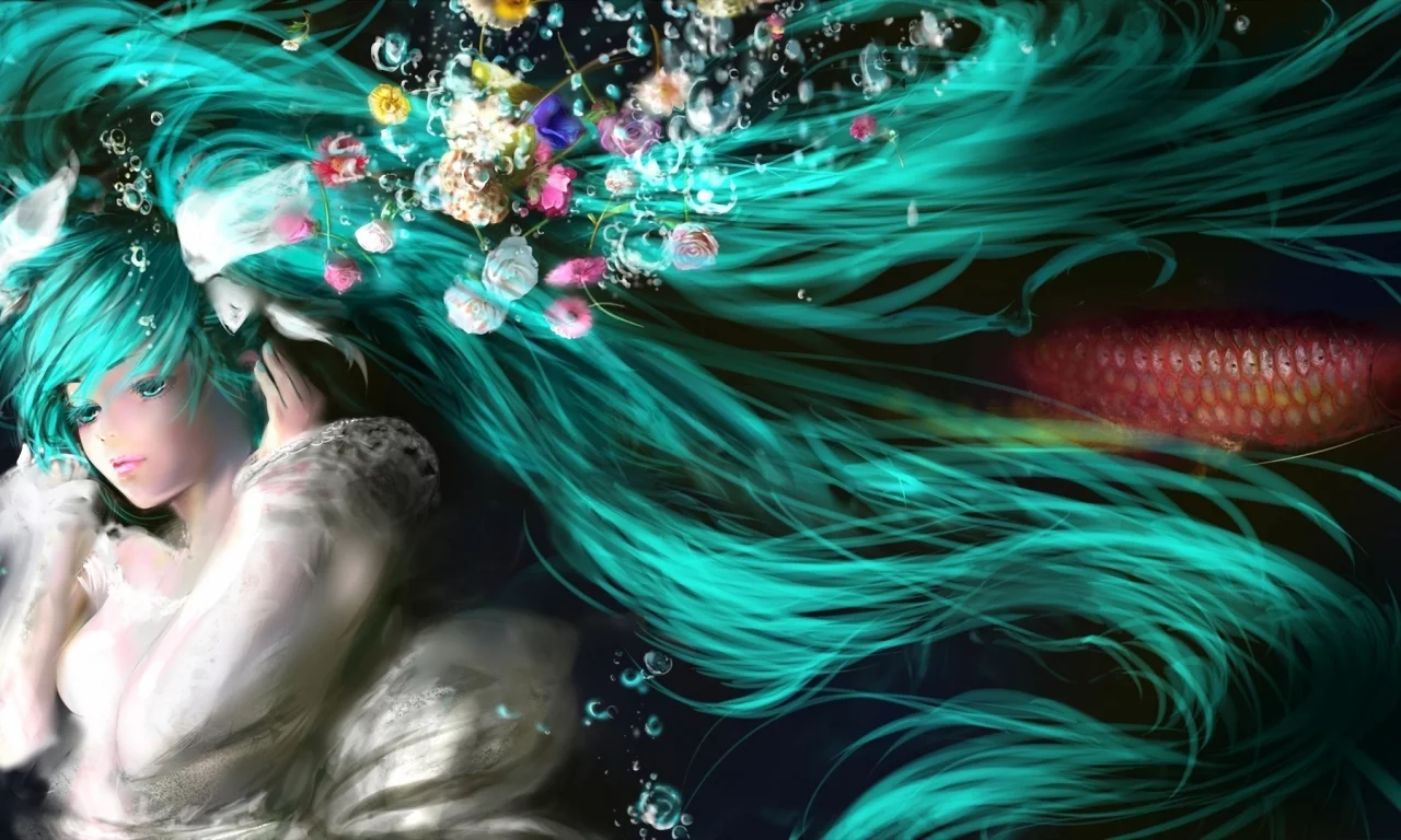 рыба, цветы, под водой, волосы, hatsune miku, пузыри, vocaloid