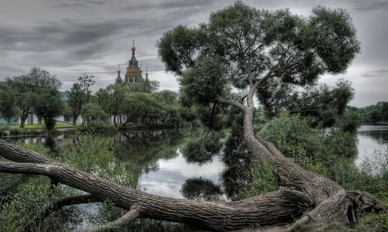 тучи, озеро, дерево, облака, природа, собор