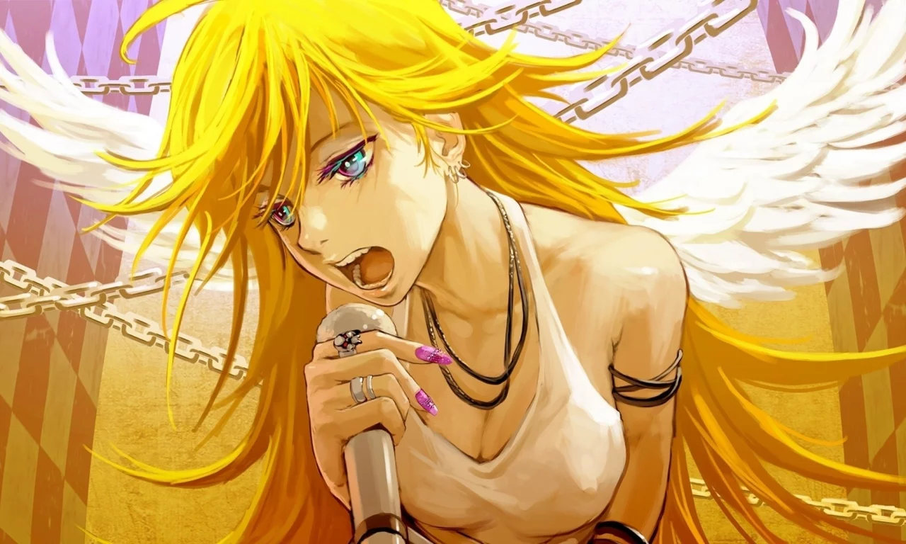 крылья, панти, ногти, девушка, ангел, panty___stocking with garterbelt, микрофон, цепи