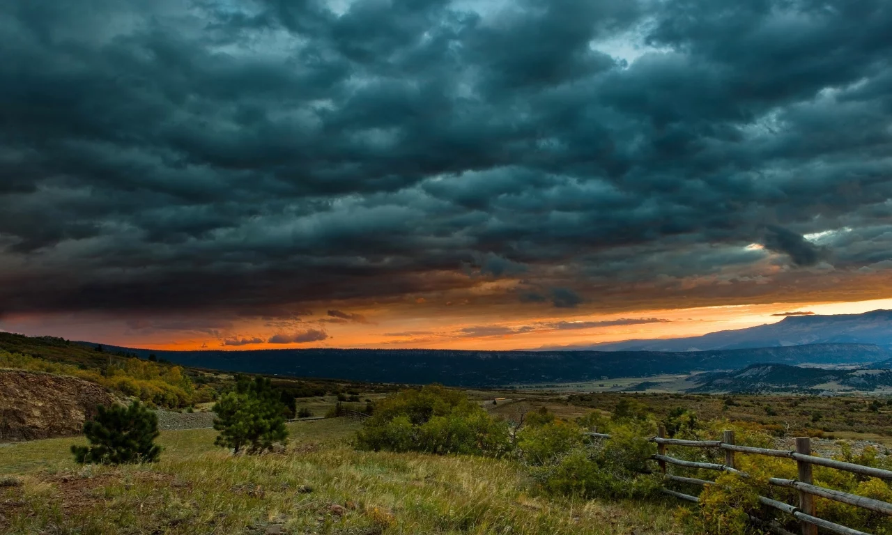 трава, забор, clouds, кусты, тучи, sunset, закат, пейзаж, sky, небо