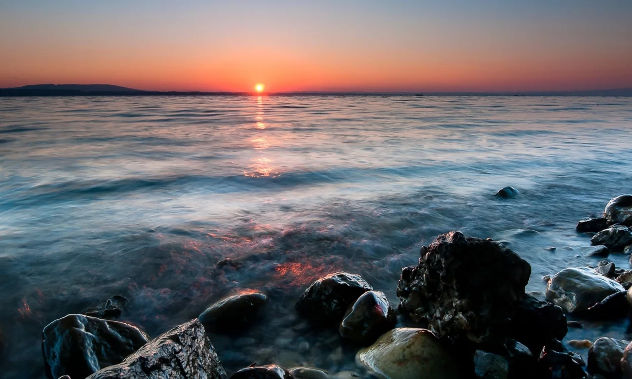 солнце, закат, море, камни