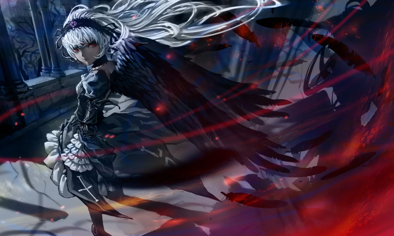 rozen maiden, перья, девушка, крылья, suigintou, ночь, красные глаза