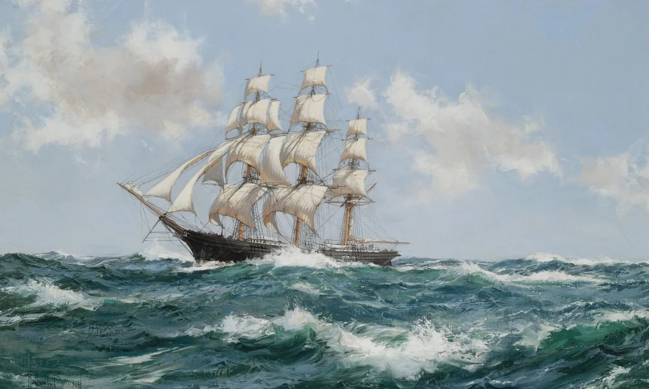 montague dawson, облака, парусник, корабль, море