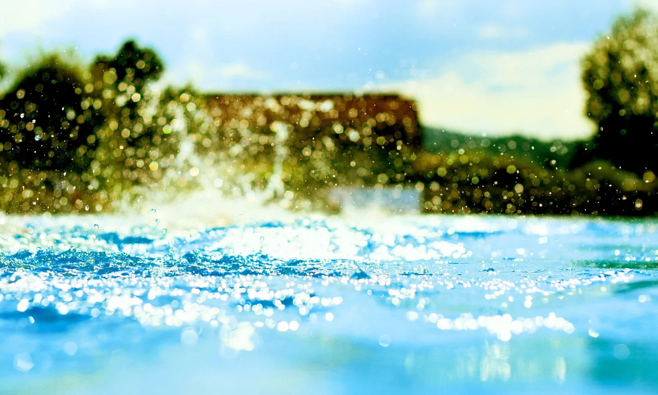 вода, деревья, капли, bokeh, бассейн