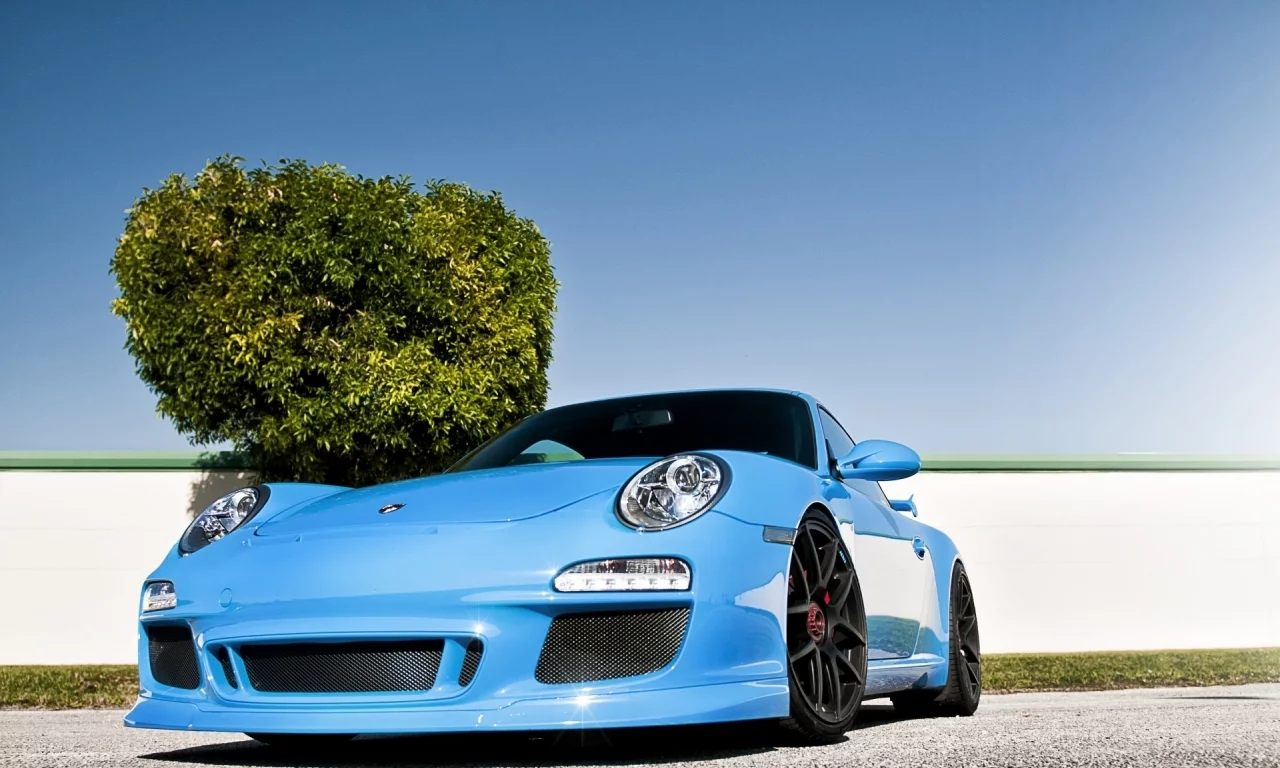 дерево, голубой, забор, передок, суперкар, tuning, 911, порше, porsche, тюнинг, небо