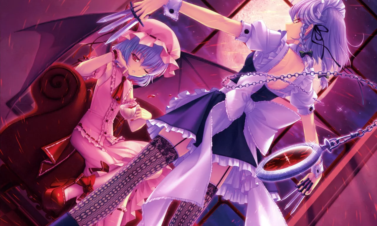remilia scarlet, окно, ножи, крылья, цепь, девушки, луна, izayoi sakuya, часы, touhou