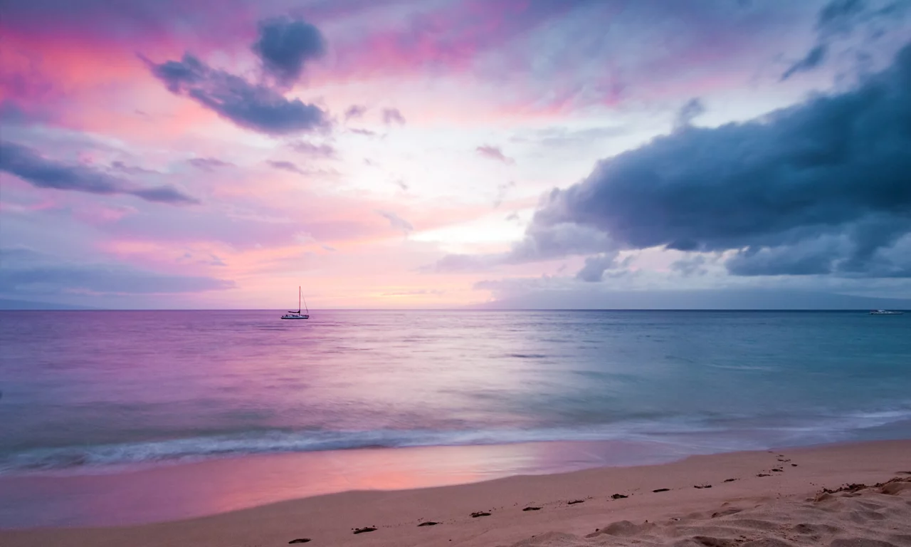 hawaii, maui, лодка, гавайи, следы, облака, мауи, берег, небо, закат, море
