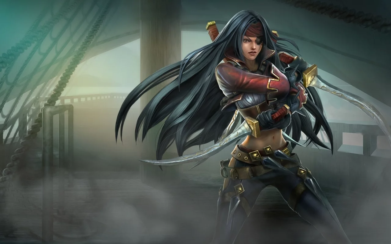 туман, кинжалы, пиратка, корабль, ножи, повязка, league of legends, девушка