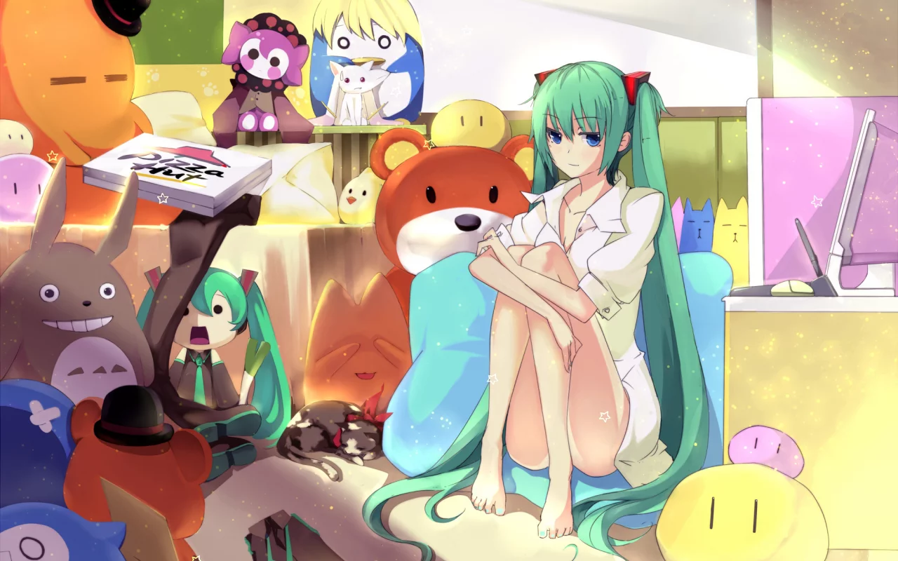 vocaloid, пицца, hatsune miku, компьютер, девушка, игрушки, комната