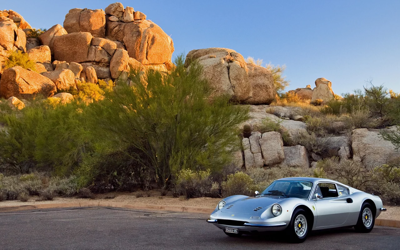 небо, машина, скалы, ferrari, солнце, dino 246gt, деревья, серебряный
