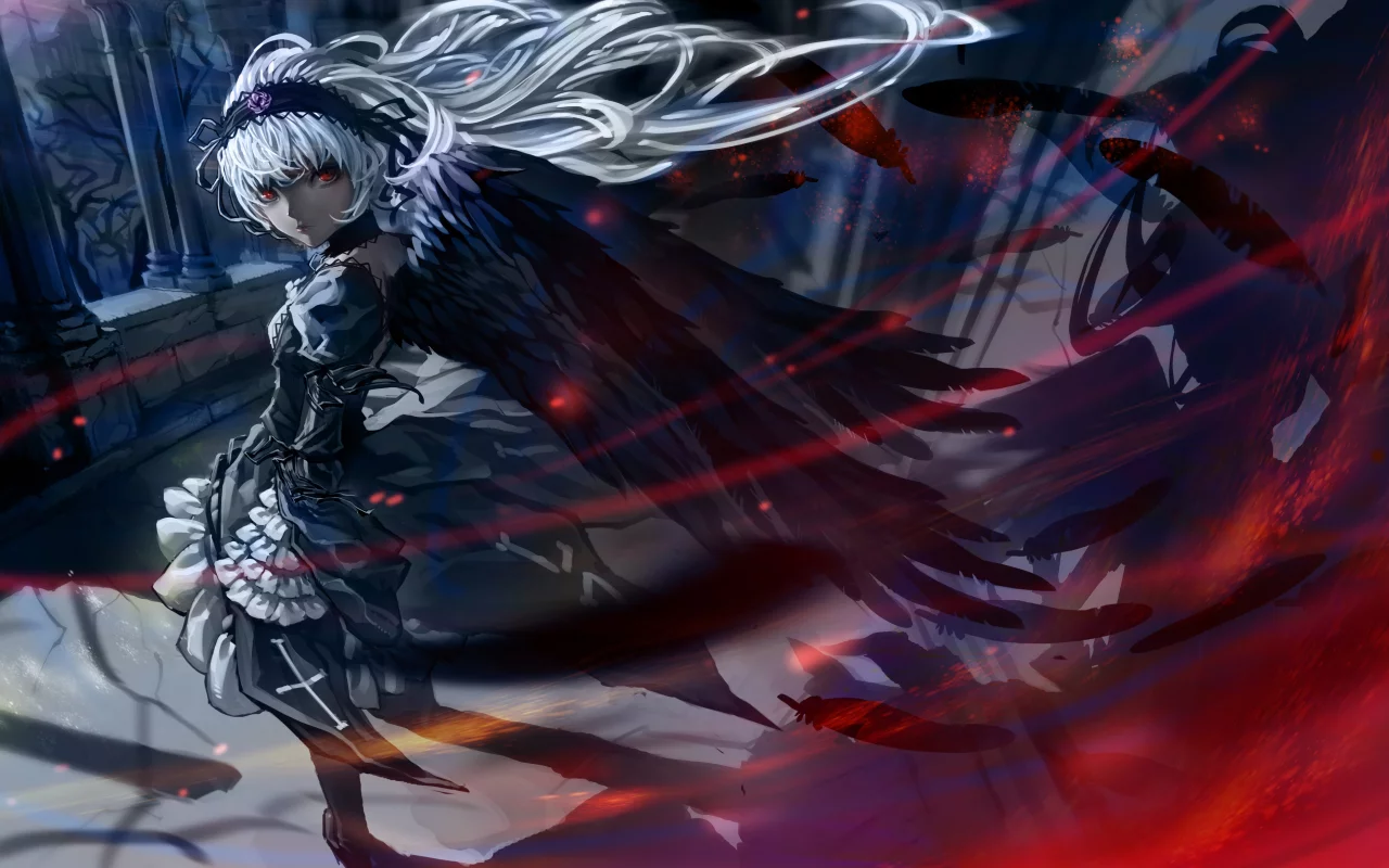 rozen maiden, перья, девушка, крылья, suigintou, ночь, красные глаза