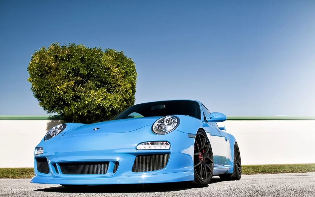 дерево, голубой, забор, передок, суперкар, tuning, 911, порше, porsche, тюнинг, небо