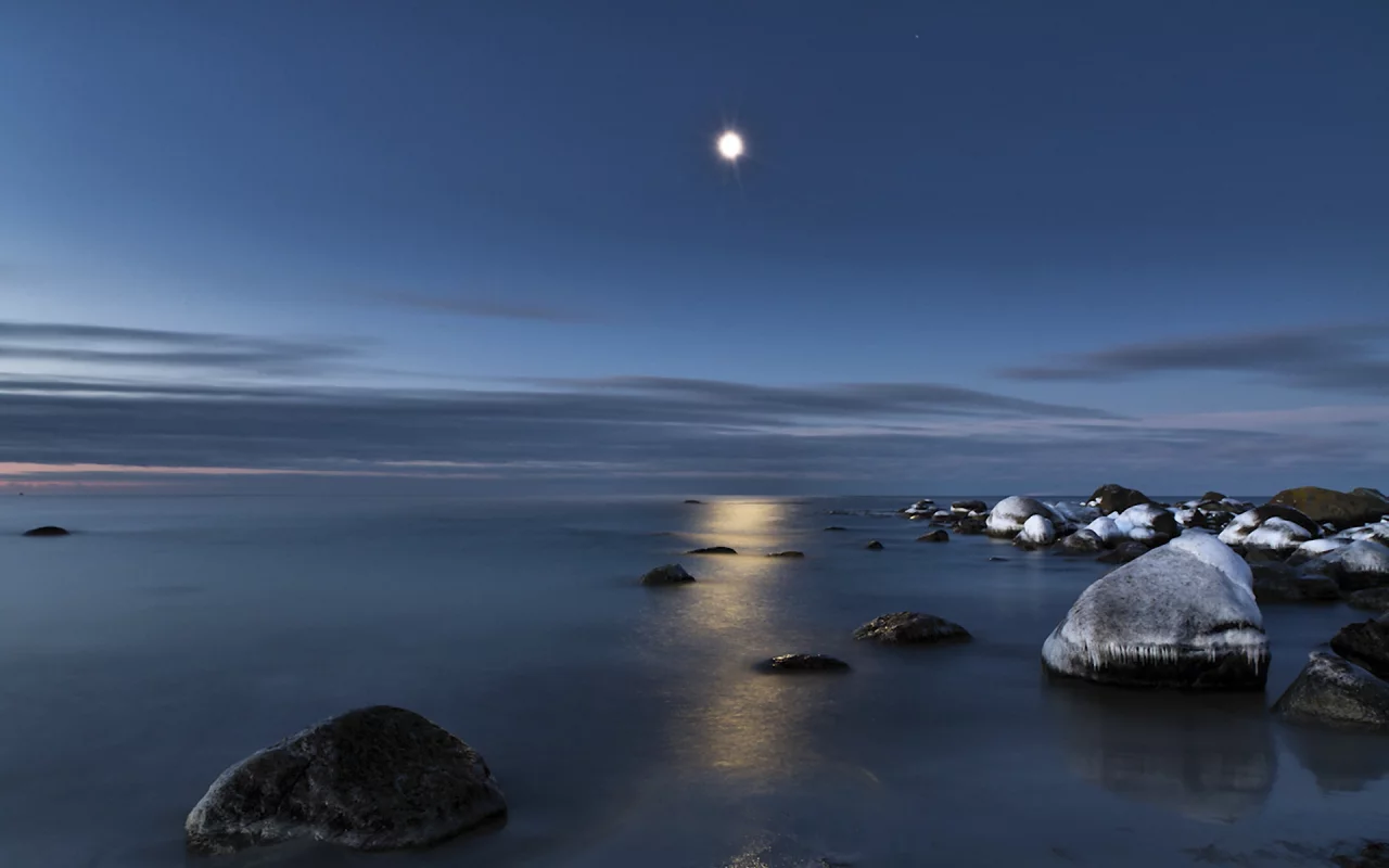 море, свет, луна, отражение, вода, камни