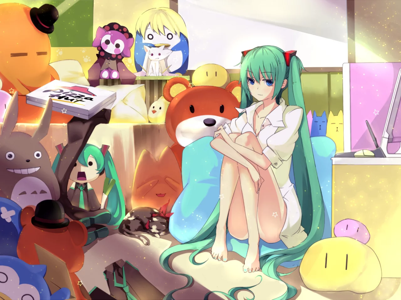 vocaloid, пицца, hatsune miku, компьютер, девушка, игрушки, комната