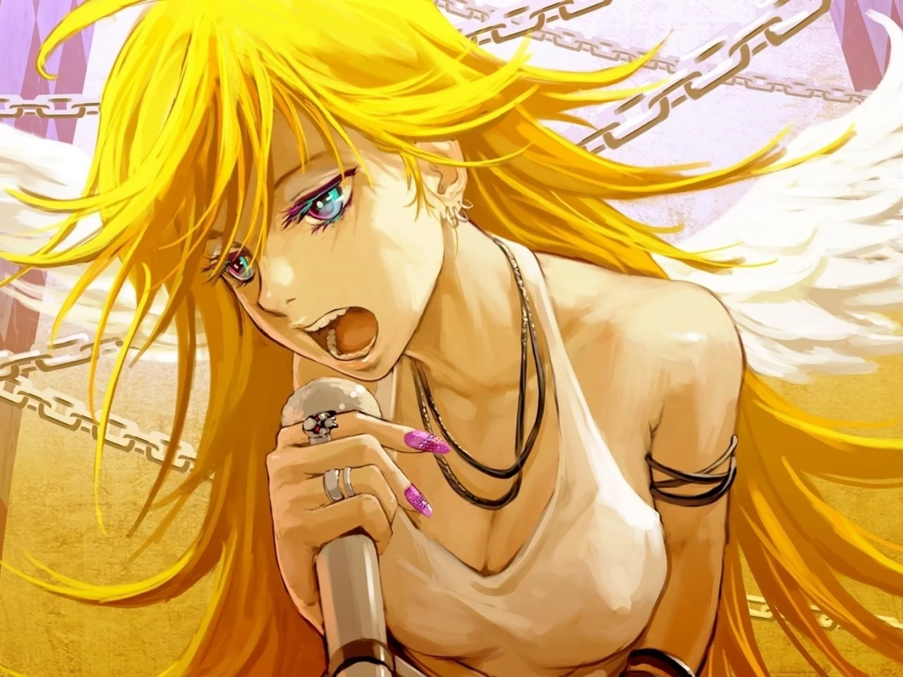 крылья, панти, ногти, девушка, ангел, panty___stocking with garterbelt, микрофон, цепи