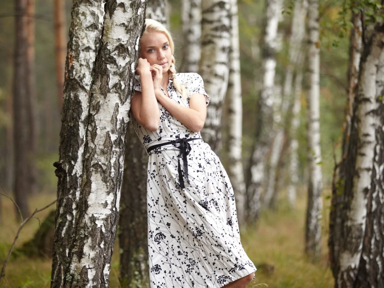 лес, березы, девушка