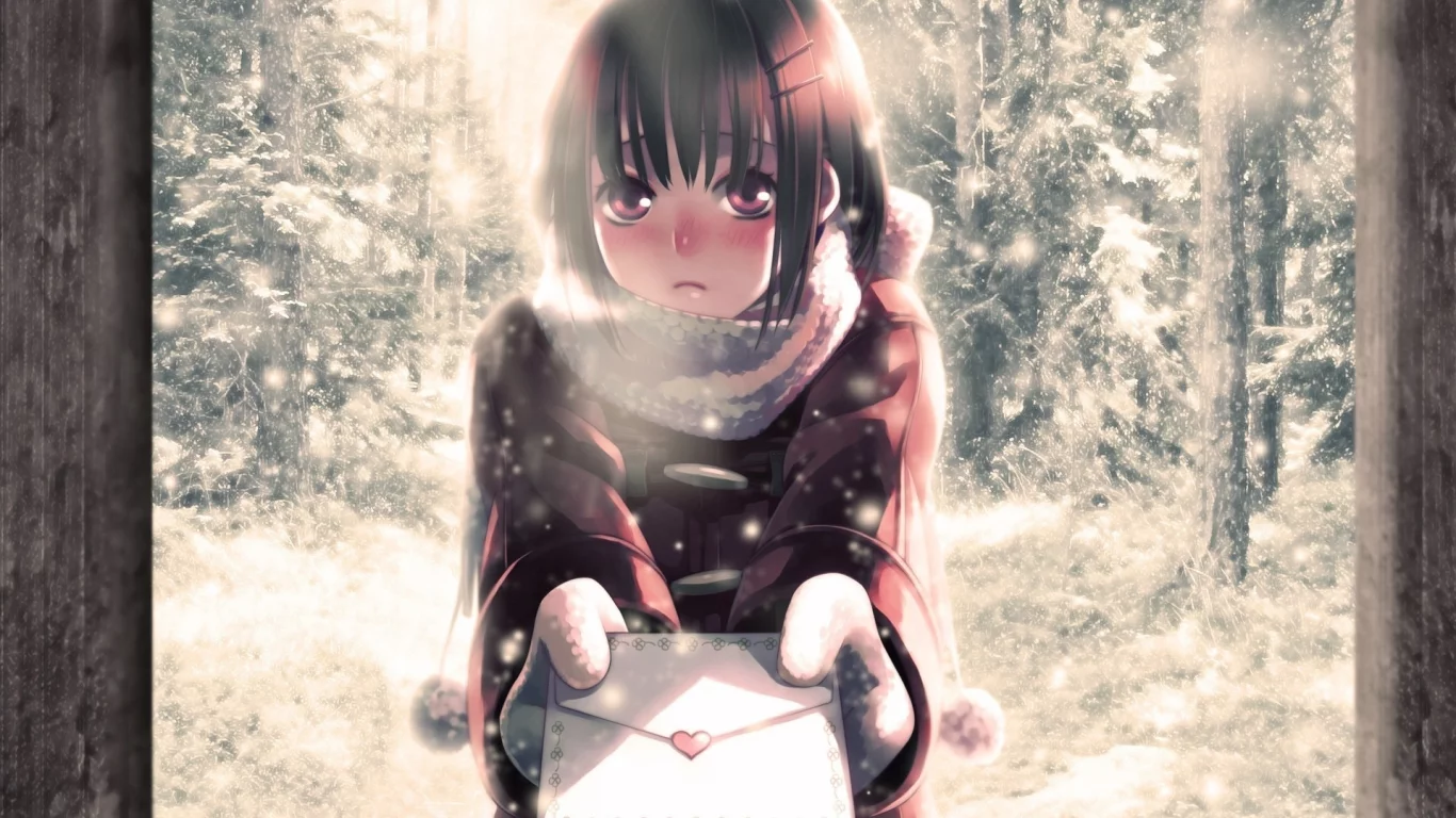 письмо, девочка, аниме, зима, сердечко, снег, minami seira