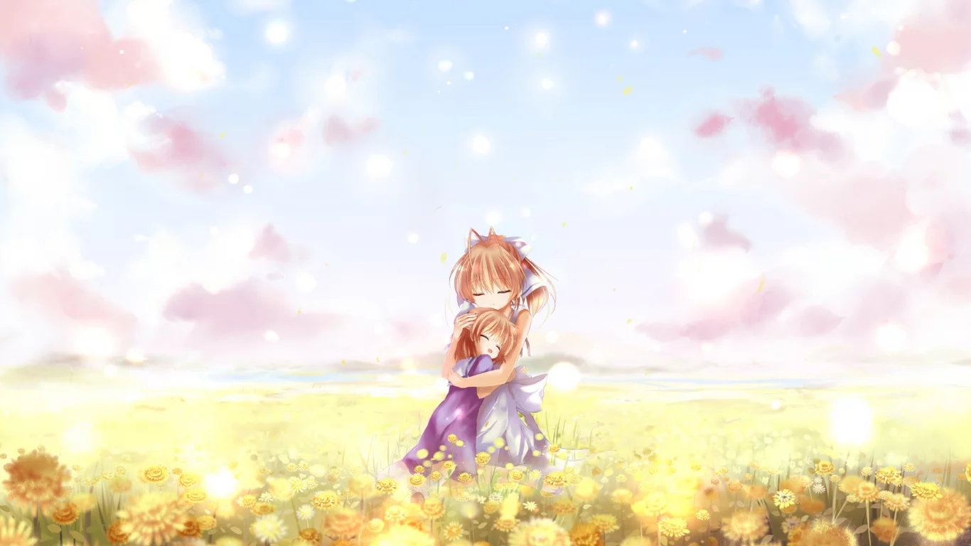 ushio okazaki, цветы, двое, поле, clannad, nagisa furukawa